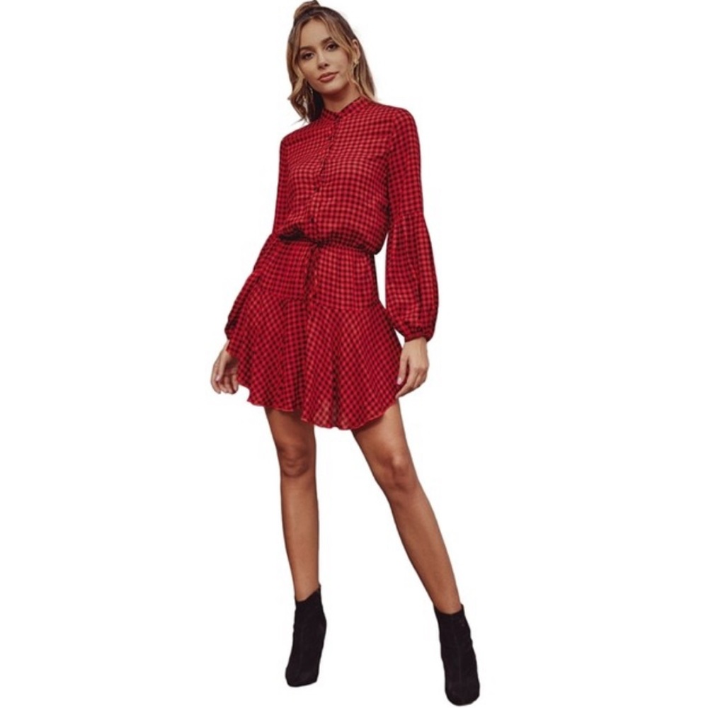 Red & Black Buffalo Plaid Lantern Sleeve Dress